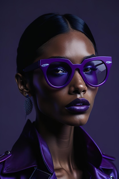 Modèle vêtue de vêtements violets élégants et avec des lunettes de soleil violettes Generative Ai