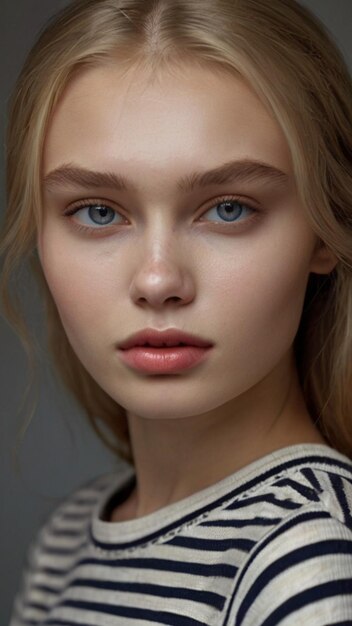 un modèle avec des yeux bleus et une chemise blanche qui dit w sur elle