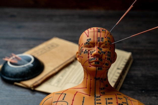 Des modèles d'acupuncture et des livres médicaux sont sur la table. L'acupuncture est une méthode médicale traditionnelle chinoise