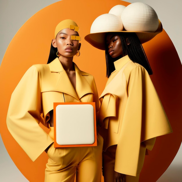 Les modèles afro-américains et asiatiques portent des tenues jaune vif et taille plus avec un chapeau circulaire