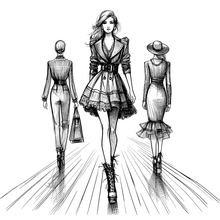 Photo modèles sur un défilé croquis dessiné à la main dessin noir sur fond blanc illustration générative d'ia