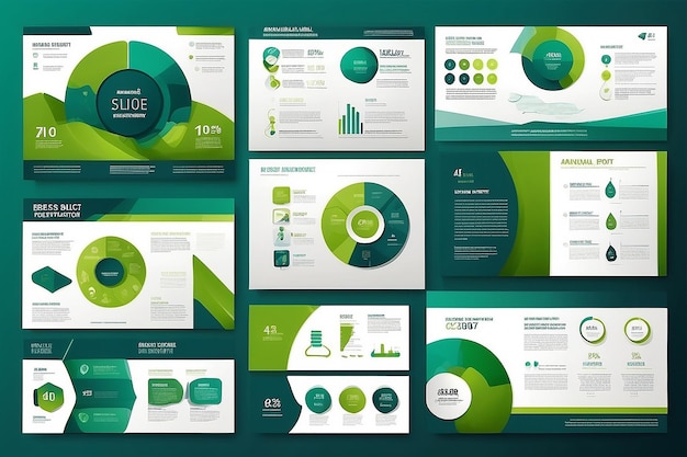 Modèles de diapositives de présentation de résumés bleus et verts Modèle d'éléments infographiques pour la brochure du rapport annuel sur le Web