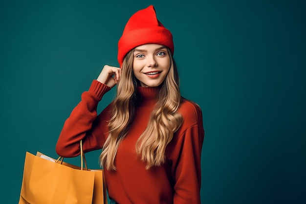 modèles de la génération z portant des chapeaux de père noël avec des sacs à provisions et des cadeaux de noël