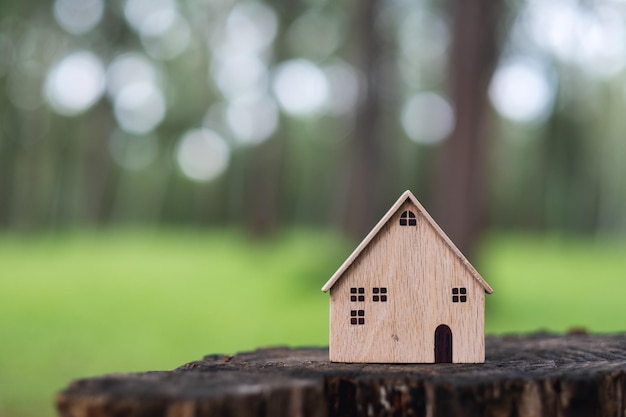 Modèles de maison en bois sur souche d'arbre à l'extérieur