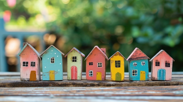 des modèles de maisons en bois colorés sur une table en bois