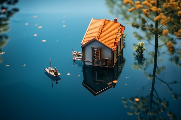 Photo modèles de maisons minuscules au bord tranquille d’un étang