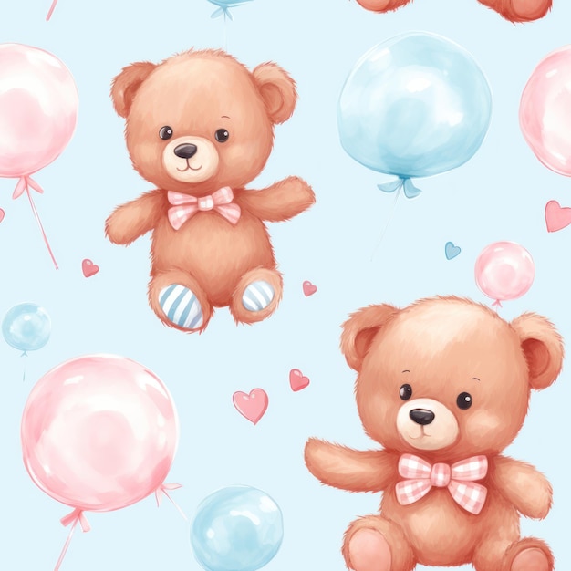 Modèles sans couture d'ours mignon avec des ballons et des coeurs sur fond bleu style aquarelle dessiné à la main