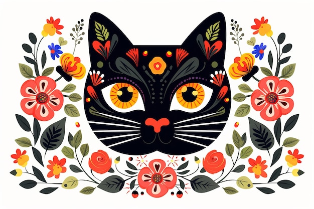 Modélisme utilisant une tête de chat, des fleurs et des feuilles Illustration d'animaux de compagnie AI générative