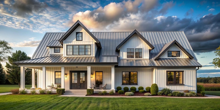 Photo modern canadian farmhouse home front exterior maison house cumulus sky arrière-plan nouvelle grande ferme canadienne élévation extérieure avant avec conception de toit métallique personnalisée