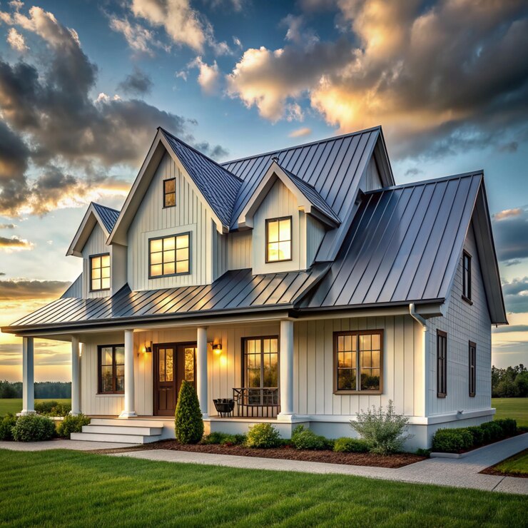 Photo modern canadian farmhouse home front exterior maison house cumulus sky arrière-plan nouvelle grande ferme canadienne élévation extérieure avant avec conception de toit métallique personnalisée