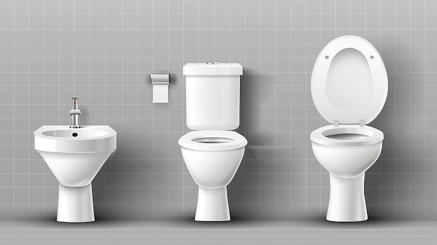 Photo modern réaliste lavabo en céramique blanche avec robinet et toilette avec réservoir de rinçage et couvercle de siège ouvert isolé sur fond transparent pour la salle de bain toilette moderne