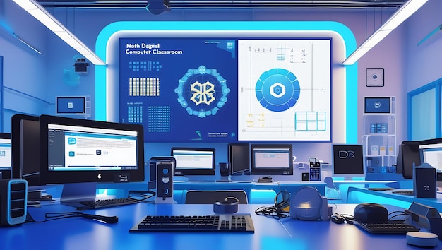Modern Tech Classroom with Multiple Monitors and Digital Interface Futuristic Educational Lab Setup for STEM Learning Programming and Engineering Visualization