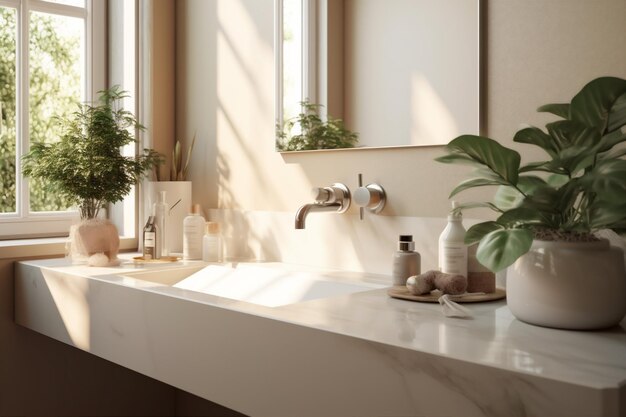 Moderne hôtel évier maison design salle de bain lumière du soleil luxe comptoir intérieur robinet générative AI