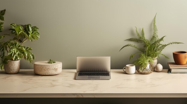 Moderne maquette de bureau de bureau avec tasse de café portable plante verte style minimaliste et éclairage doux