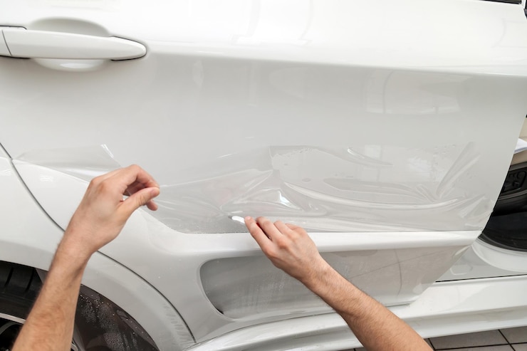 Photo en modernisant la voiture avec un film protecteur transparent solide, le maître fait une incision avec un couteau sur le revêtement protégeant les véhicules des rayures et des éclats dans l'atelier