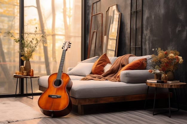 La modernité confortable définit le salon où une guitare ajoute du caractère.