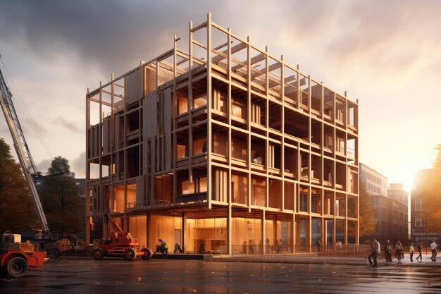 Photo un module de bâtiment en bois est soulevé par une grue