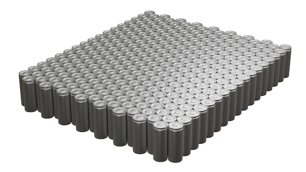 Module de batterie lithium-ion tournant sur fond blanc, fabrication de packs Li-Ion pour véhicule électrique (EV), boucle parfaite de technologie de voiture industrielle de rendu 3D