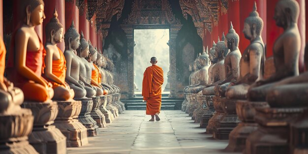 Photo un moine asiatique dans un temple bouddhiste