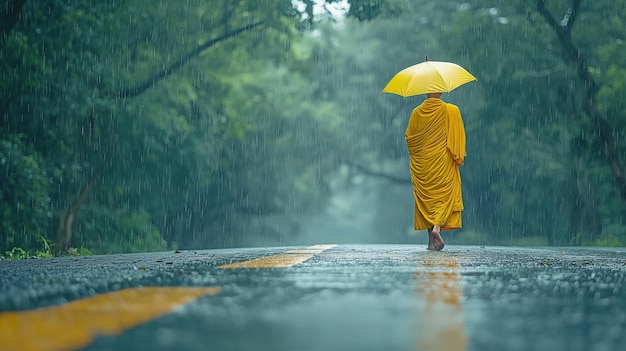 Photo un moine de bouddha marchant sous la pluie le long de la route