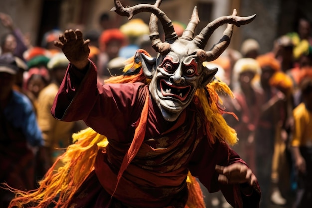Un moine bouddhiste danse avec un masque de cerf au festival Yuru Kabgyat