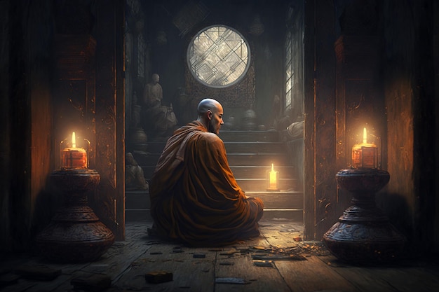 Un moine bouddhiste est assis à l'intérieur d'un vieux temple sombre et médite sur l'IA générative