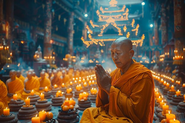 Un moine bouddhiste prie avant un repas préparé à Vesak pour célébrer la naissance, l'illumination et la mort de Bouddha.