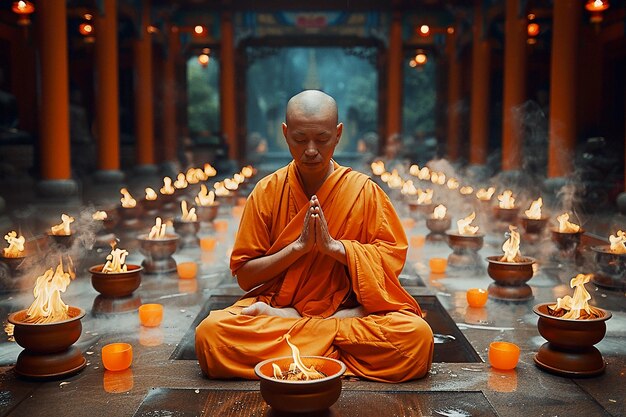 Un moine bouddhiste prie dans un temple bouddhisme pendant la fête du Vesak