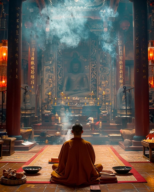 Un moine bouddhiste prie dans un temple bouddhisme pendant la fête de Vesak en l'honneur de Bouddha