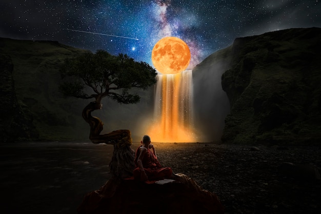 Moine bouddhiste regardant l'univers