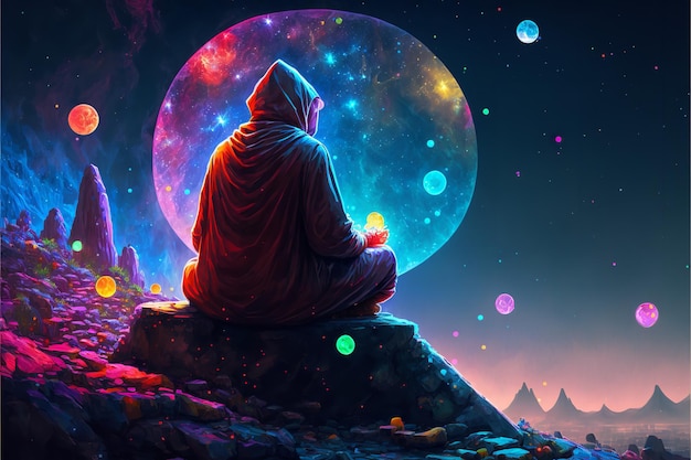Un moine est assis au sommet d'une montagne dans la nuit magique Generative Ai