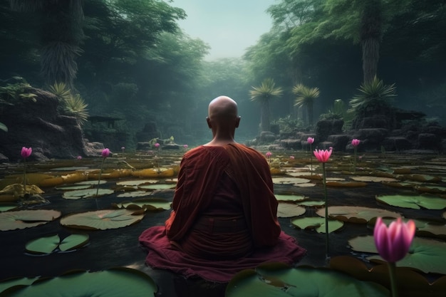 Un moine est assis dans un étang entouré de fleurs de lotus.