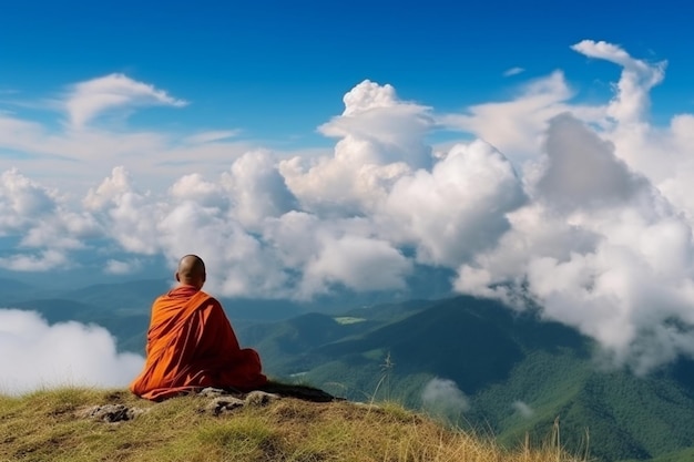 Un moine est assis sur une montagne surplombant les nuages