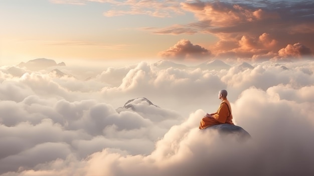 Photo un moine méditant sur une montagne ia générative