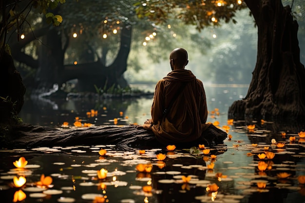 Un moine médite sous un arbre dans un jardin calme IA génératif