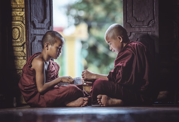 Un moine novice étudie au temple en lisant un livre, temple d'État Shan au Myanmar