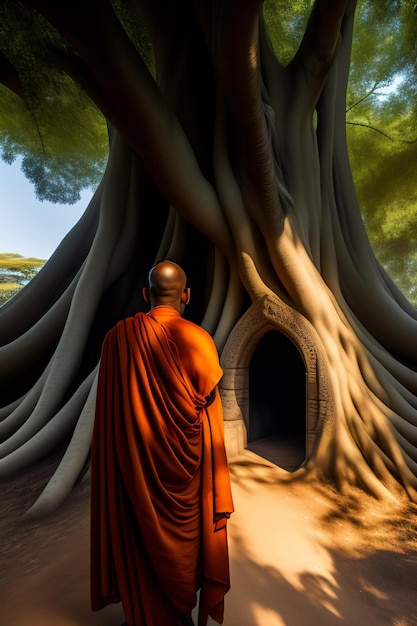 Photo un moine se tient devant un arbre avec une grosse racine.