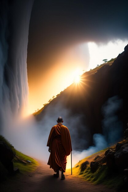 Un moine se tient devant une cascade.