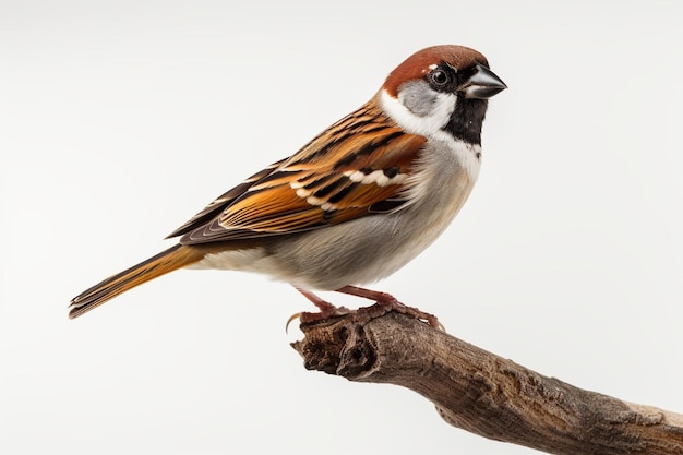 Moineau arboricole IA génératif devant fond blanc Moineau isolé perché sur une branche de