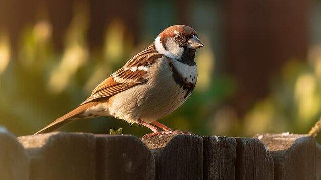 Un moineau est assis sur une clôture au soleil