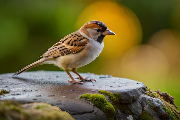 Un moineau est assis sur une souche sous la pluie