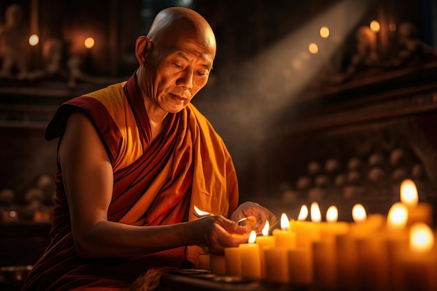 Photo les moines allument des bougies pour accomplir des rituels dans l'ubosot