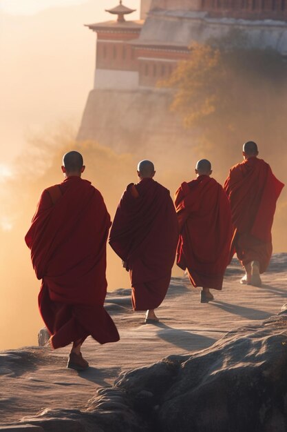 Des moines asiatiques vêtus de robes rouges se promenant gracieusement le long d'un chemin de montagne généré par l'IA