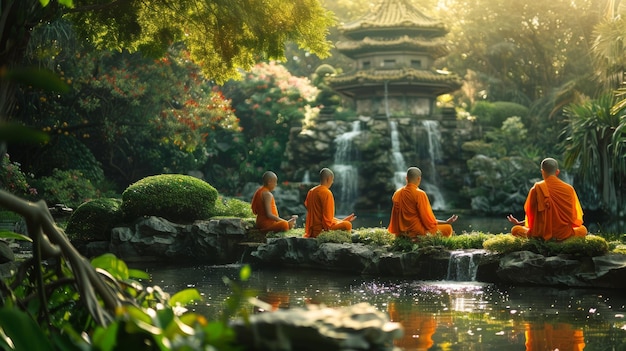 Des moines méditant près d'une cascade dans un jardin luxuriant, une retraite zen paisible