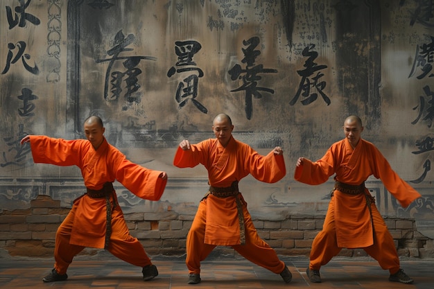 Photo les moines shaolin dans les exercices de kung fu