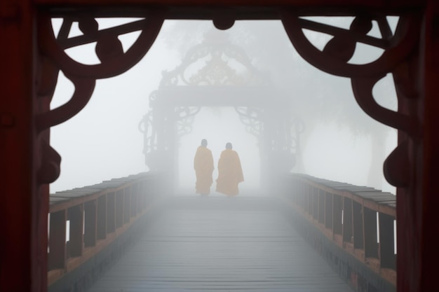 Des moines traversant un pont du monastère à travers la brume