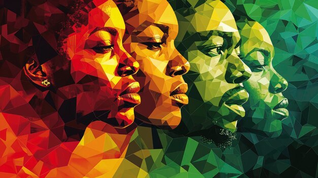 Mois de l'histoire noire Histoire afro-américaine aux États-Unis Mosaïque polygone rouge jaune vert Fête de la liberté Célébrée chaque année en février Illustration artistique de conception d'affiche