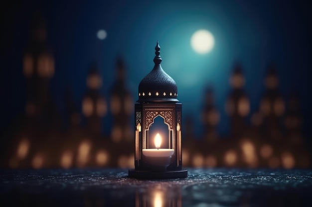 Le mois de Ramadan Kareem Mosquée et lanterne avec bougie brûlante générée par l'IA