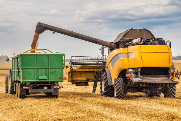 Moissonneuse-batteuse et tracteur sur champ de blé