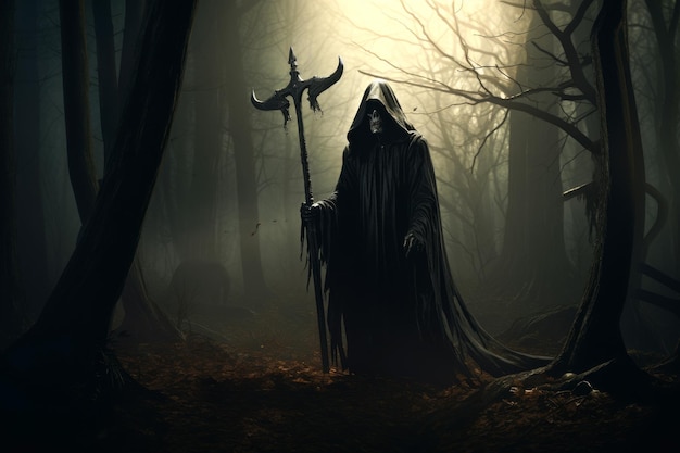 Une moissonneuse dans une forêt sombre tenant une faucille